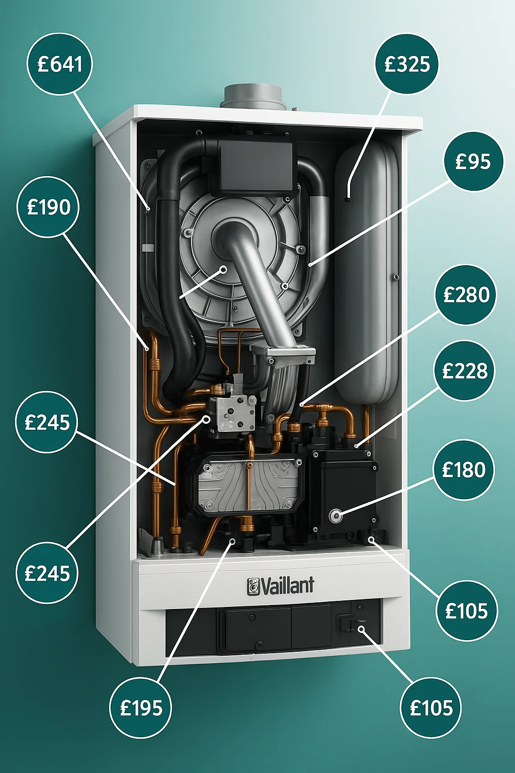 Boiler parts and repair costs breakdown diagram.