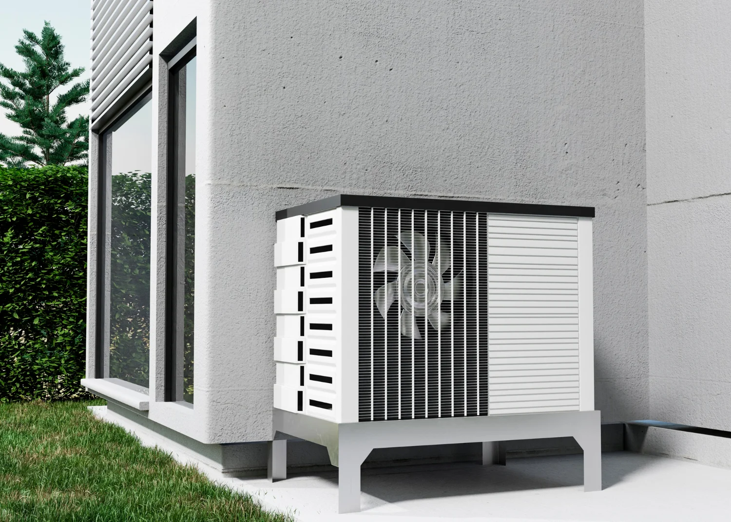 Modern external air conditioning unit on building wall.